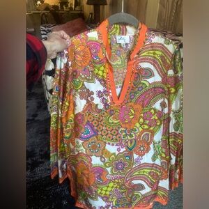 100% SILK Milly 60’s Boho hippy Psychedelic Tunic paisley top shirt 6 swim cover